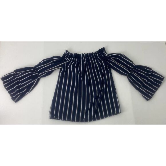 Off Shoulder Blue White Striped Blouse with Bell Sleeves - Approx. Size 2 - Picture 4 of 7